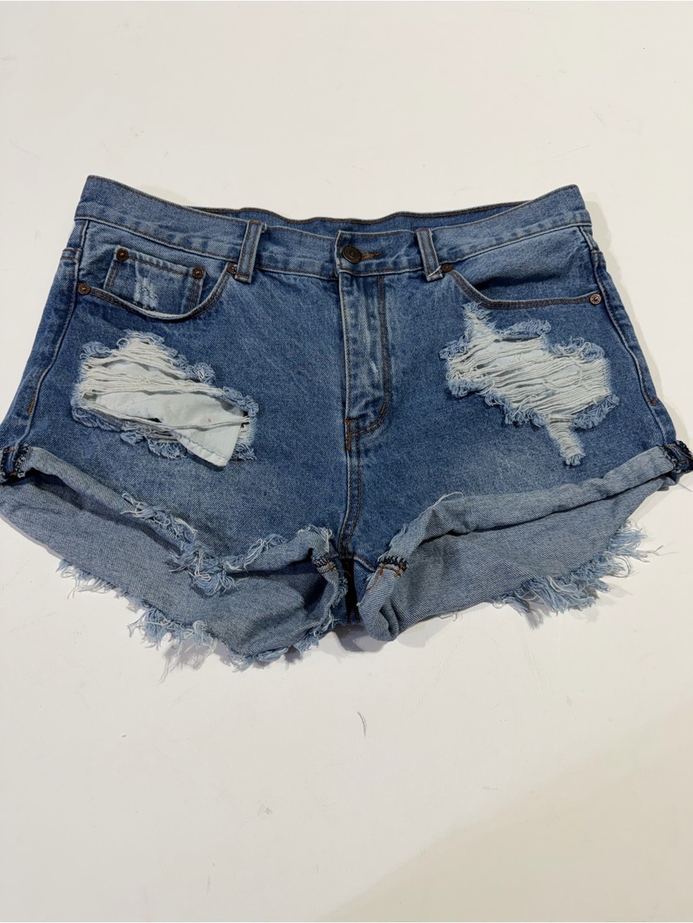 Distressed High-Rise Denim Shorts - Blue